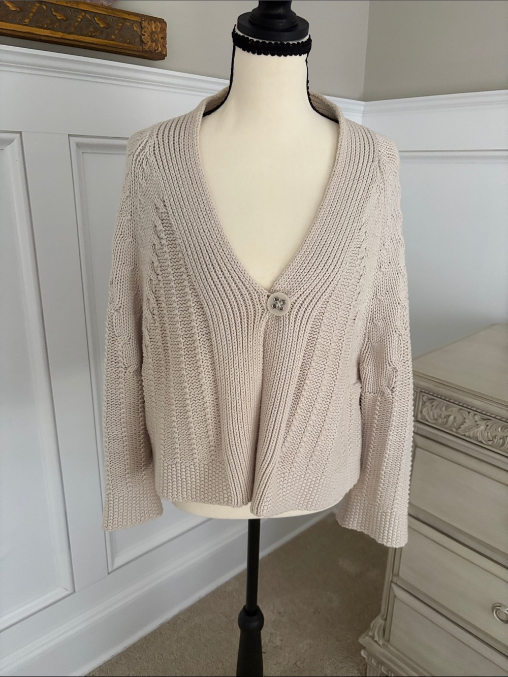 Cream V-Neck Knit Button Cardigan Sweater